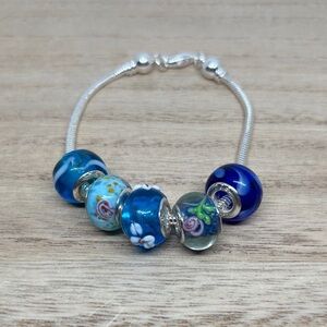 Sterling Silver Blue Floral Glass Charm Bracelet